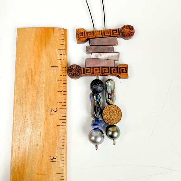 Artisan Pearl Abalone Lapis Lava Stone Beaded Bolo Style Necklace Boho Unique - Picture 3 of 5